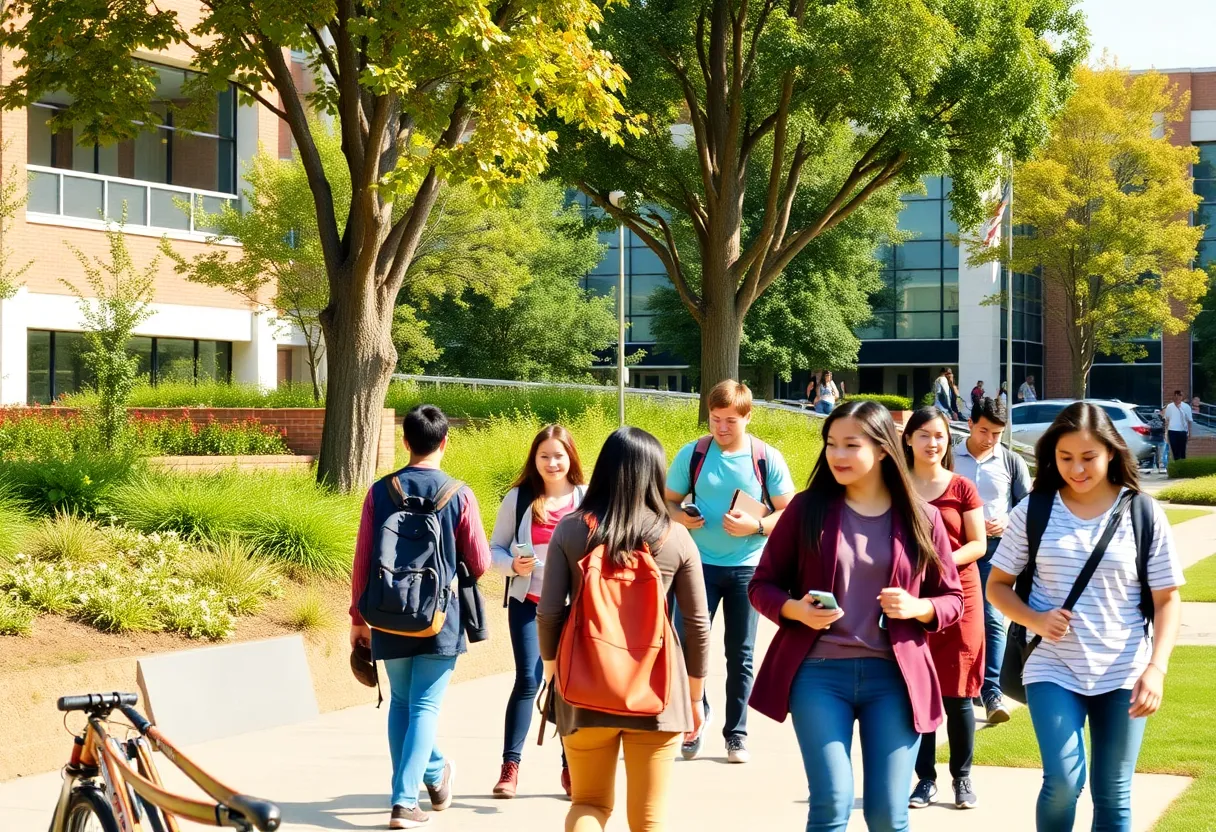 Students engaging in academic activities on a university campus