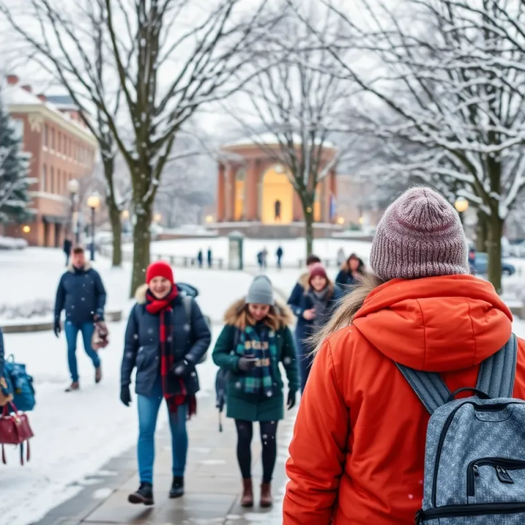 Snow-covered UTSA campus with students bundled up