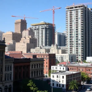 Illustration of UTSA's downtown revitalization with historic and modern buildings.