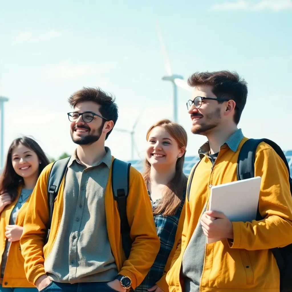 Students at UTSA studying renewable energy with solar panels and wind turbines