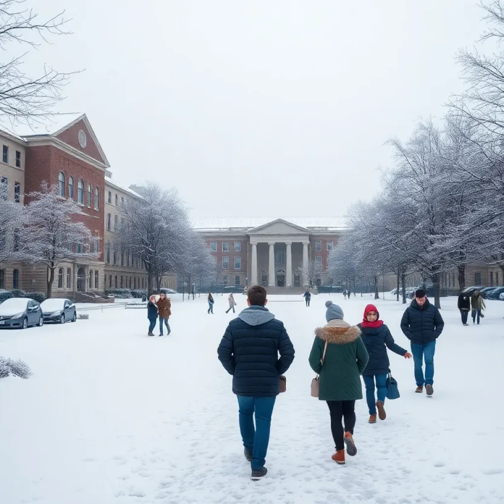 Snow-covered campus at the University of Texas at San Antonio