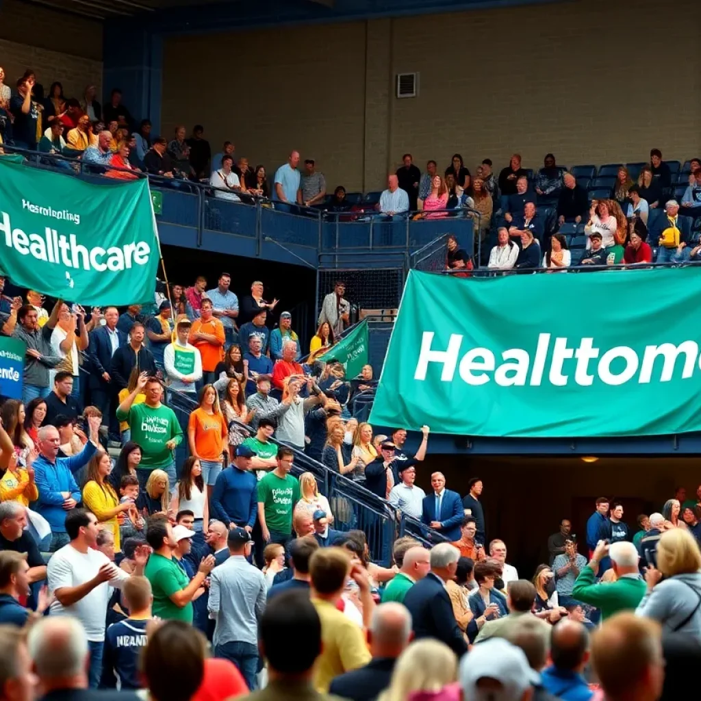 Fans cheering at the UTSA Women's Basketball game with healthcare-themed banners.