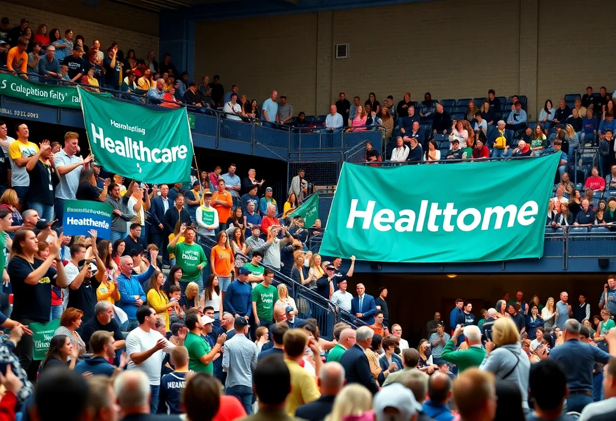 Fans cheering at the UTSA Women's Basketball game with healthcare-themed banners.