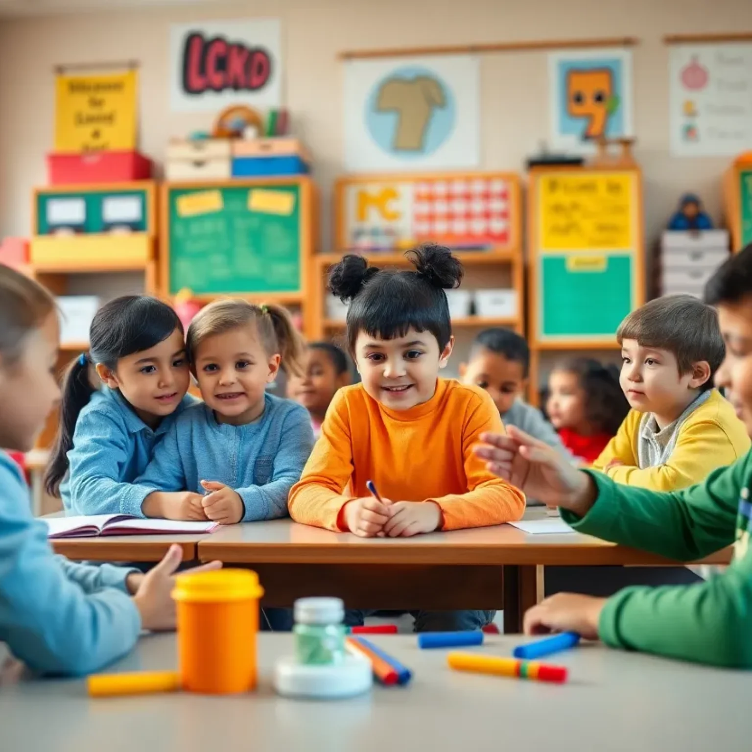 Children participating in class activities promoting kindness and education.