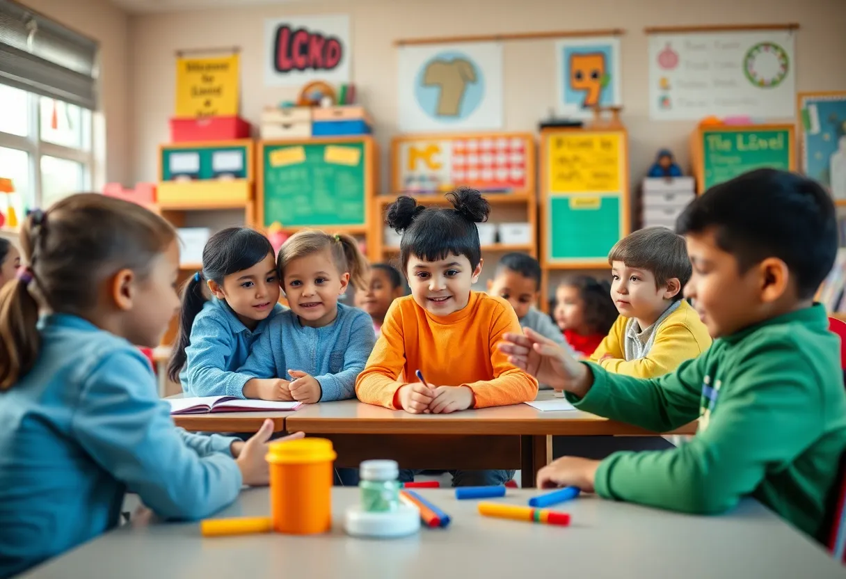 Children participating in class activities promoting kindness and education.