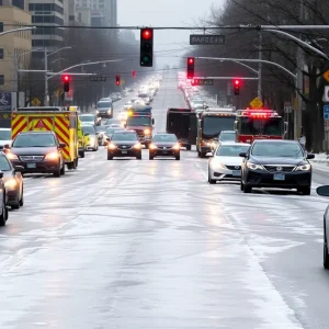 Icy roads and vehicles affected by a water main break in San Antonio