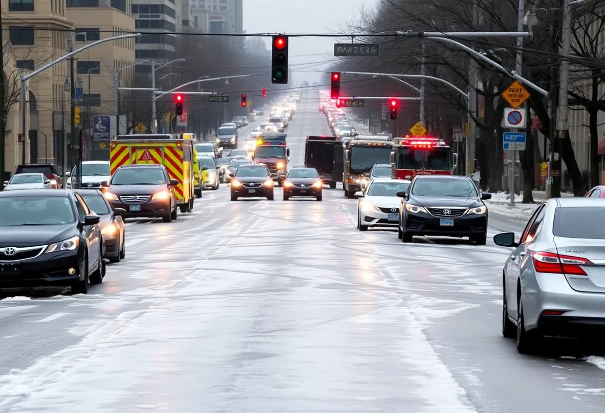 Icy roads and vehicles affected by a water main break in San Antonio