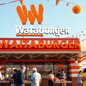 Whataburger restaurant celebrating its 75th anniversary with customers enjoying food