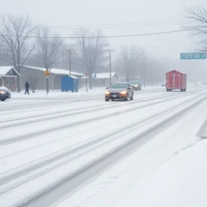 Snow-covered street in San Antonio during winter storm warning