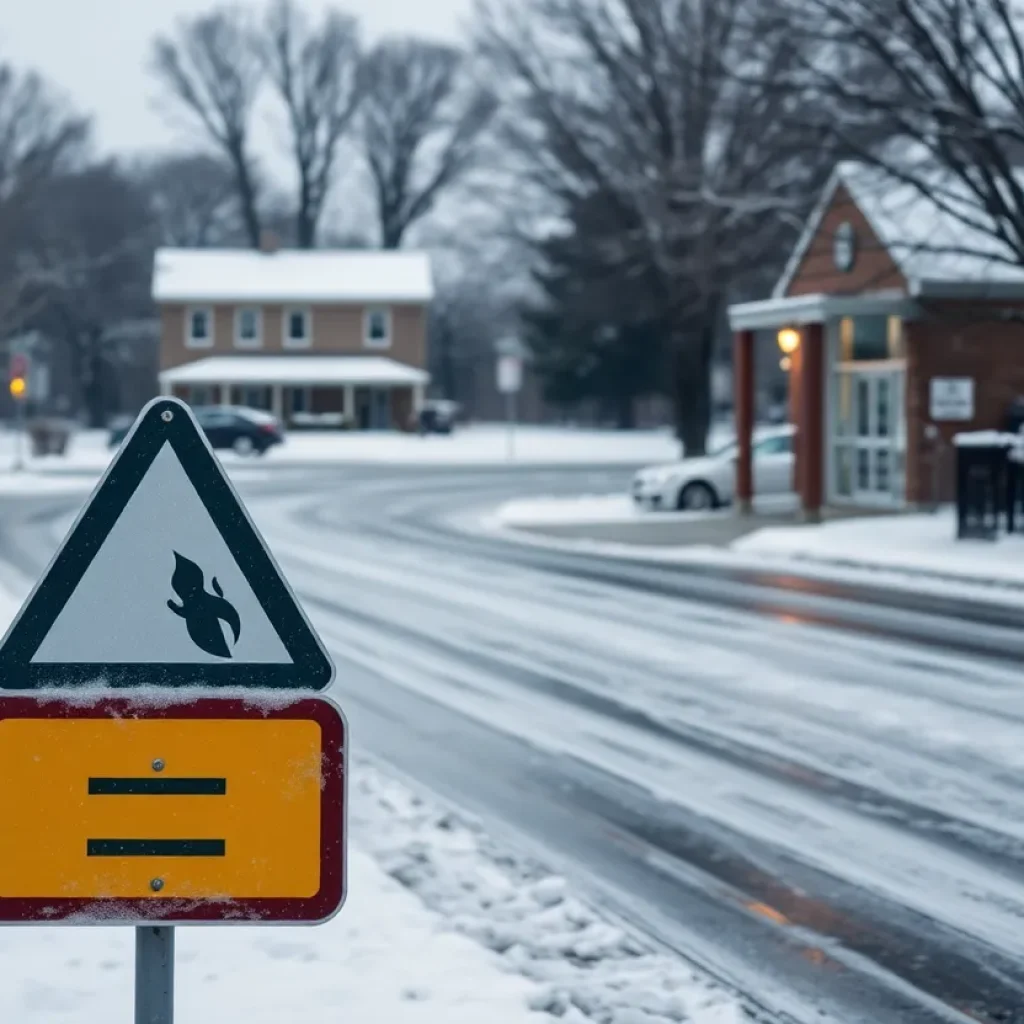 Icy roads and a weather warning sign near a school in San Antonio