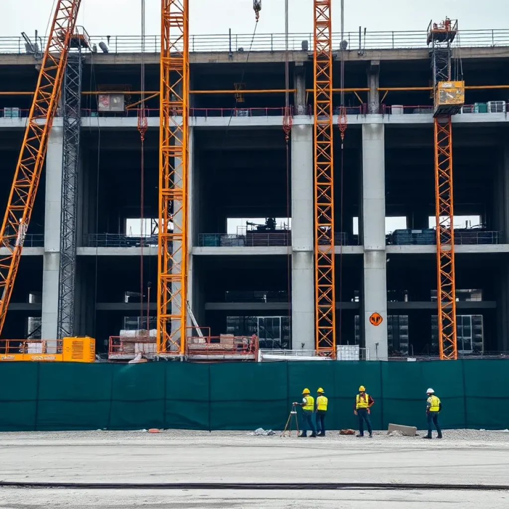 Construction site of Zachry Holdings with cranes and workers.