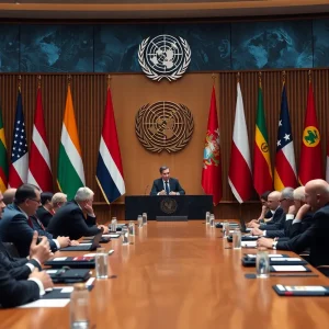 Ambassadors from various countries in discussion at the United Nations amidst a backdrop of flags