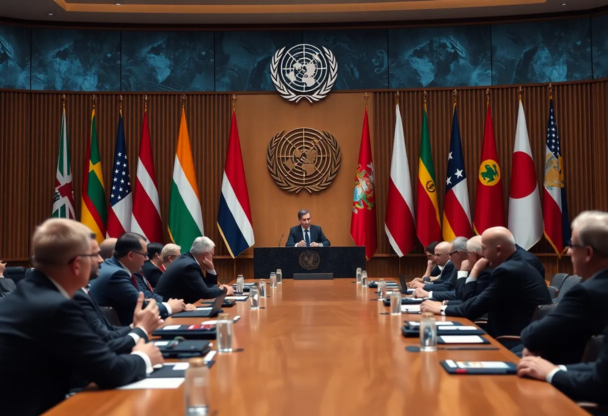 Ambassadors from various countries in discussion at the United Nations amidst a backdrop of flags