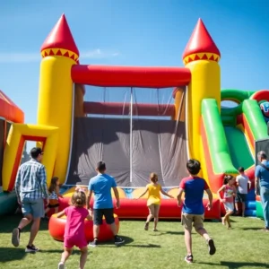 Families jumping in the world's largest inflatable bounce house at Big Bounce America in San Antonio.