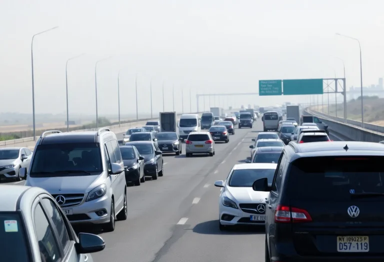 Crowded highway showing various vehicles under a smoggy sky