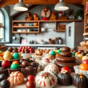 Interior of Chocolatl chocolate shop with assorted chocolates and a classroom kitchen