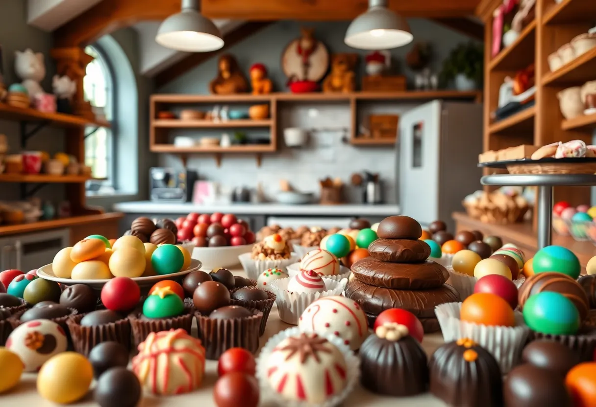 Interior of Chocolatl chocolate shop with assorted chocolates and a classroom kitchen