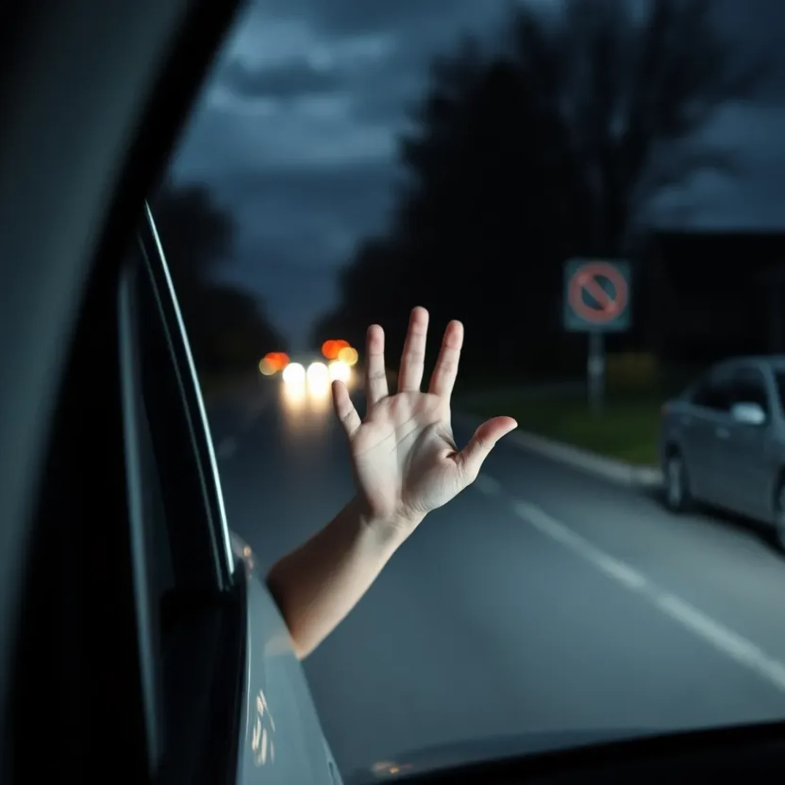 Scene representing a kidnapping incident with a help signal.