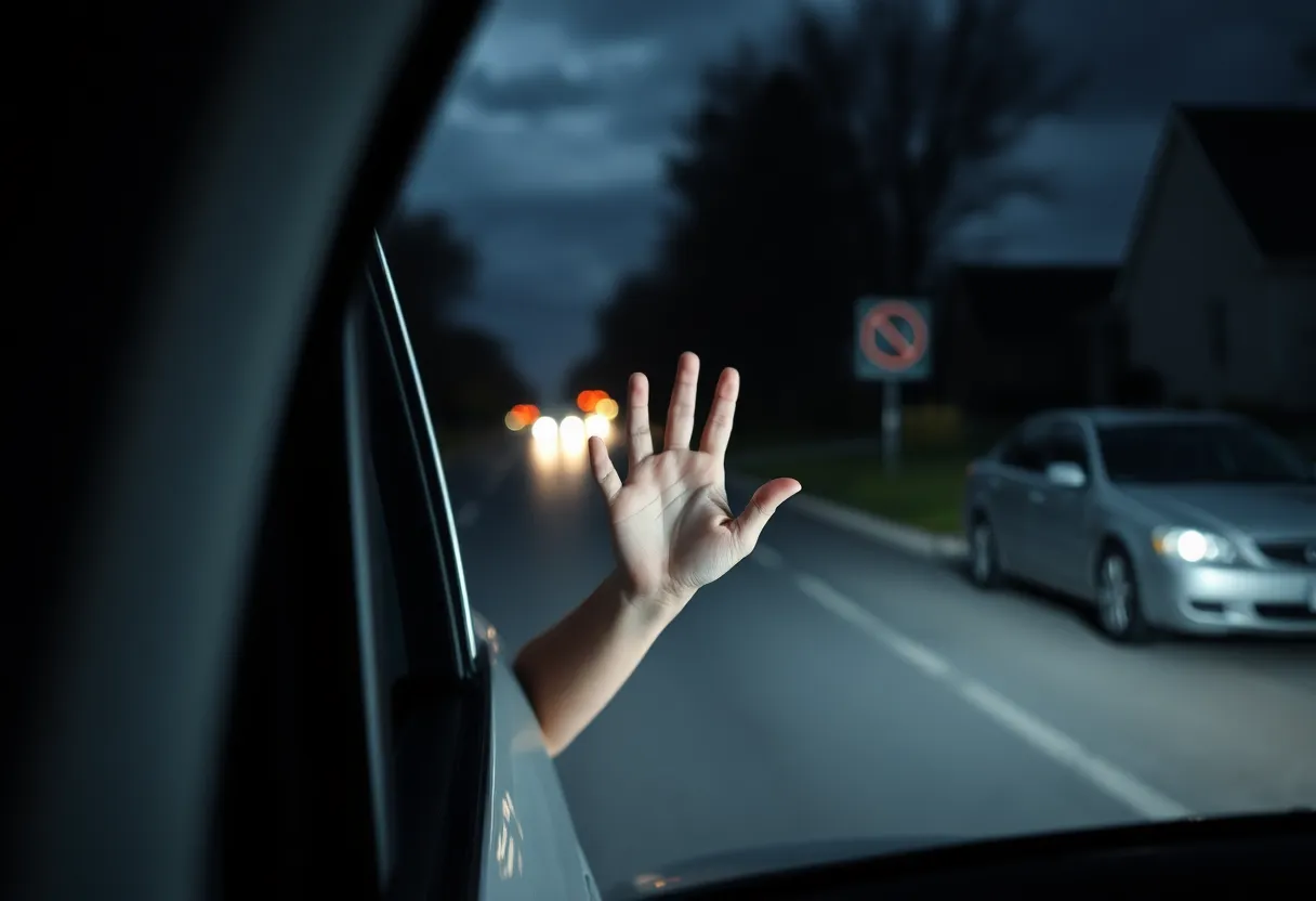 Scene representing a kidnapping incident with a help signal.