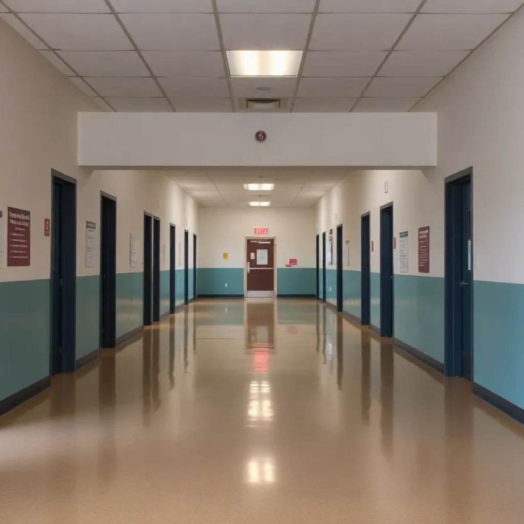 Inside view of the closed Migrant Resource Center in San Antonio with empty chairs and hallways.