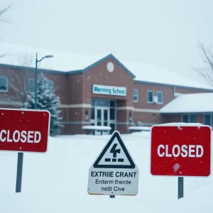 A closed school surrounded by snow in Minnesota's extreme cold weather.