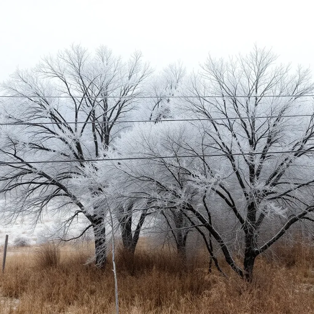 Winter landscape in Bexar County with frost-covered trees