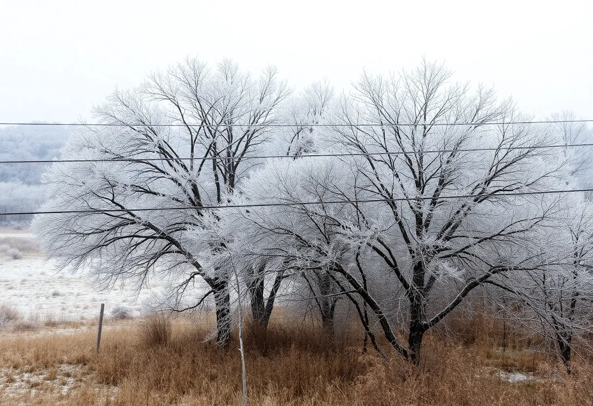 Winter landscape in Bexar County with frost-covered trees