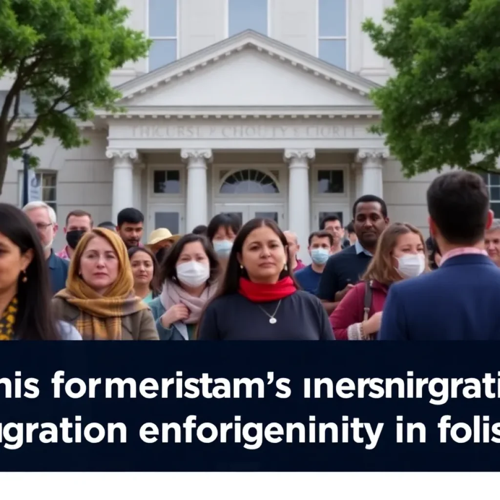 A gathering of community members outside a courthouse discussing immigration enforcement issues.