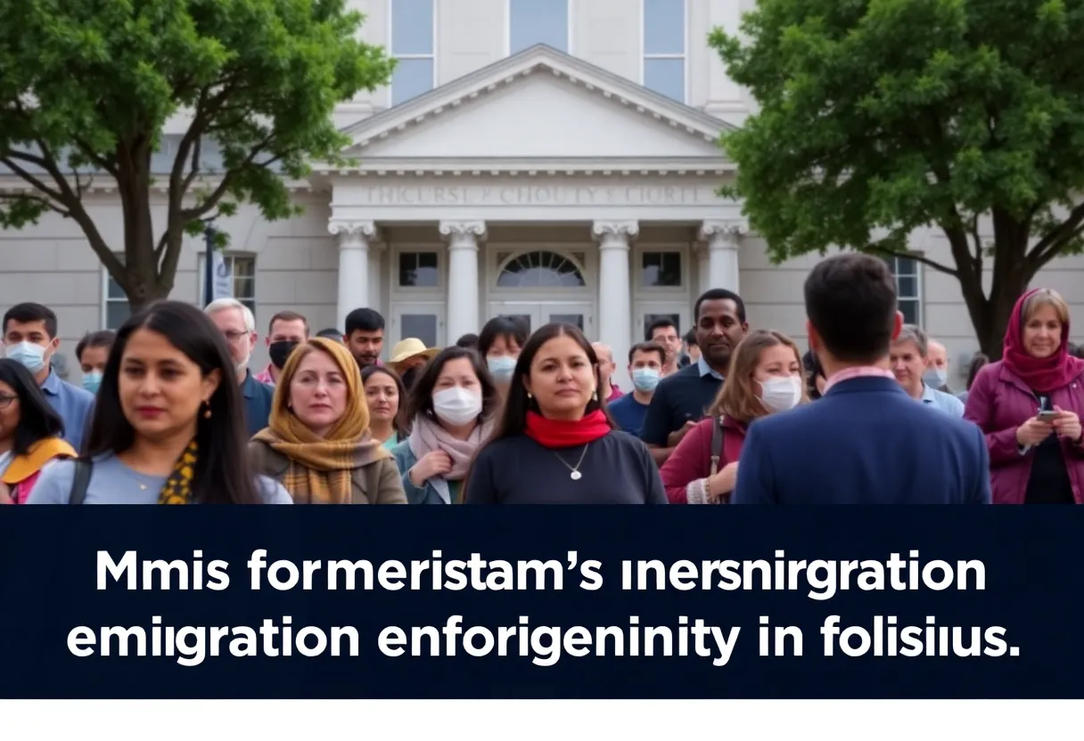 A gathering of community members outside a courthouse discussing immigration enforcement issues.