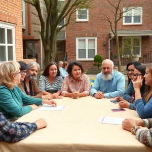 A diverse group of people engaged in a community meeting about antisemitism.