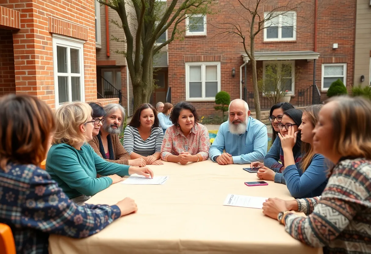 A diverse group of people engaged in a community meeting about antisemitism.