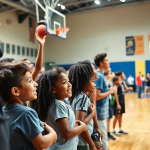 Families cheering for the Spurs at a basketball game