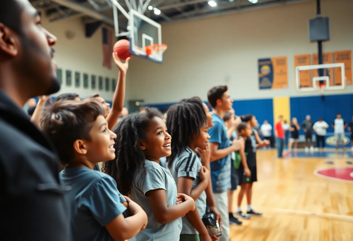 Families cheering for the Spurs at a basketball game