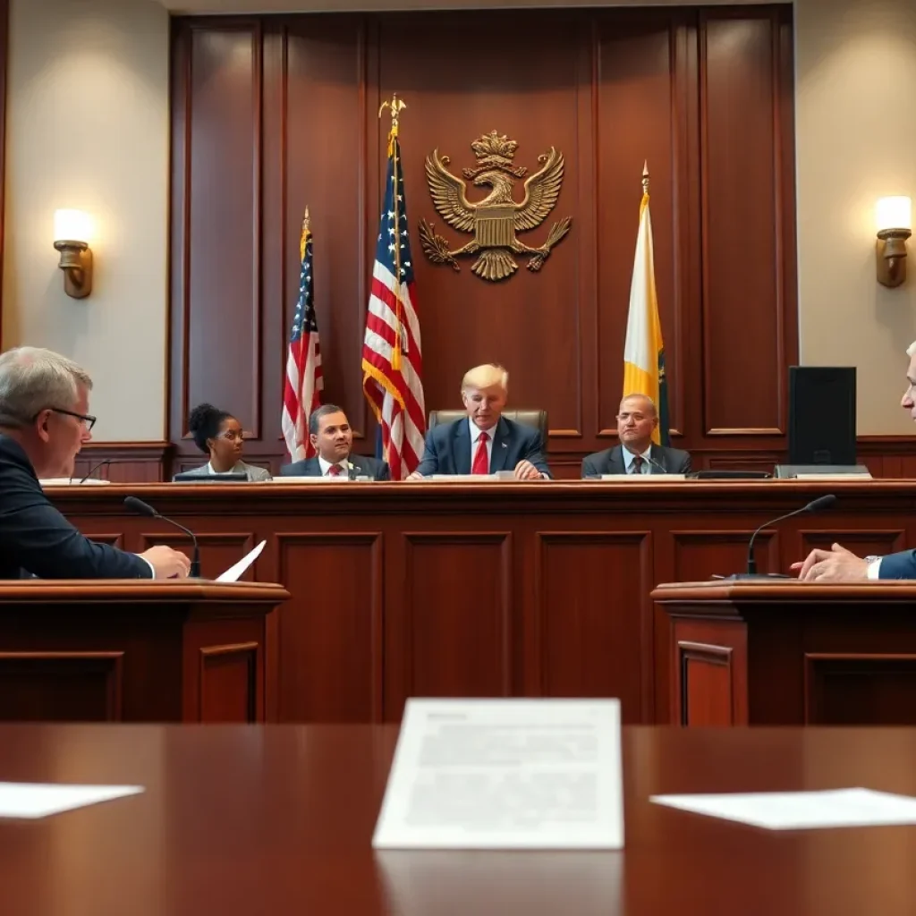 Judges discussing government policy in a courtroom