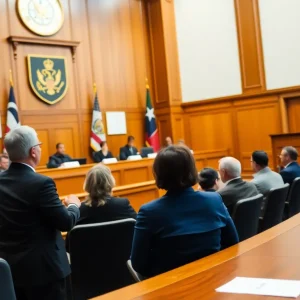 Courtroom scene illustrating legal challenge to foreign aid policies