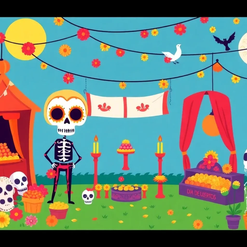 Vibrant illustration depicting Día de Muertos celebrations with sugar skulls and marigolds