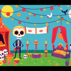 Vibrant illustration depicting Día de Muertos celebrations with sugar skulls and marigolds