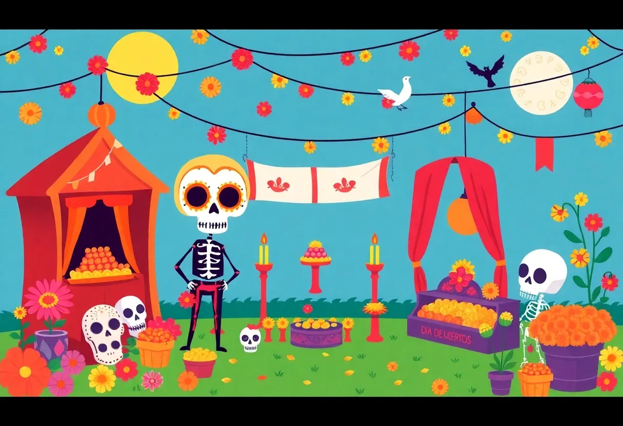 Vibrant illustration depicting Día de Muertos celebrations with sugar skulls and marigolds