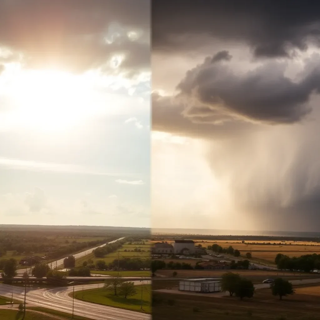 Contrasting weather in Texas with sunny skies and rain clouds