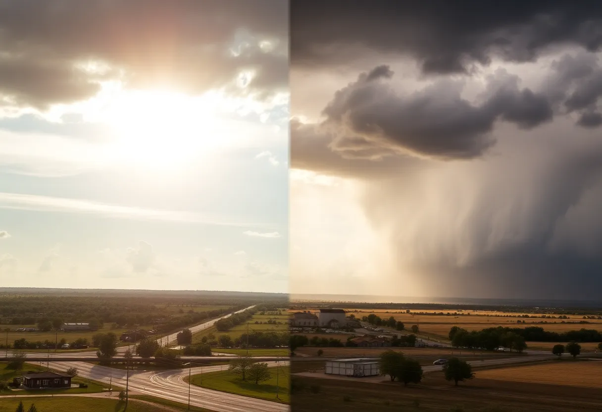 Contrasting weather in Texas with sunny skies and rain clouds