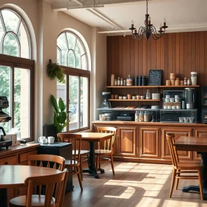 Interior of El Tigre Coffee Roasters with coffee brewing station and pastries