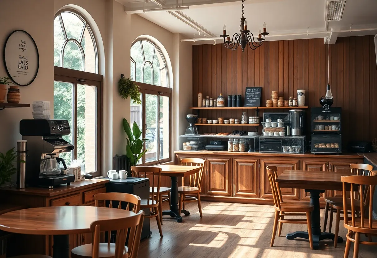 Interior of El Tigre Coffee Roasters with coffee brewing station and pastries