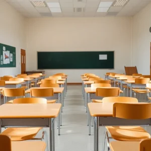 Empty classroom indicating school closure