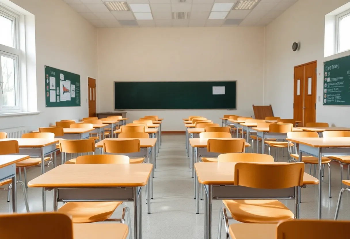 Empty classroom indicating school closure