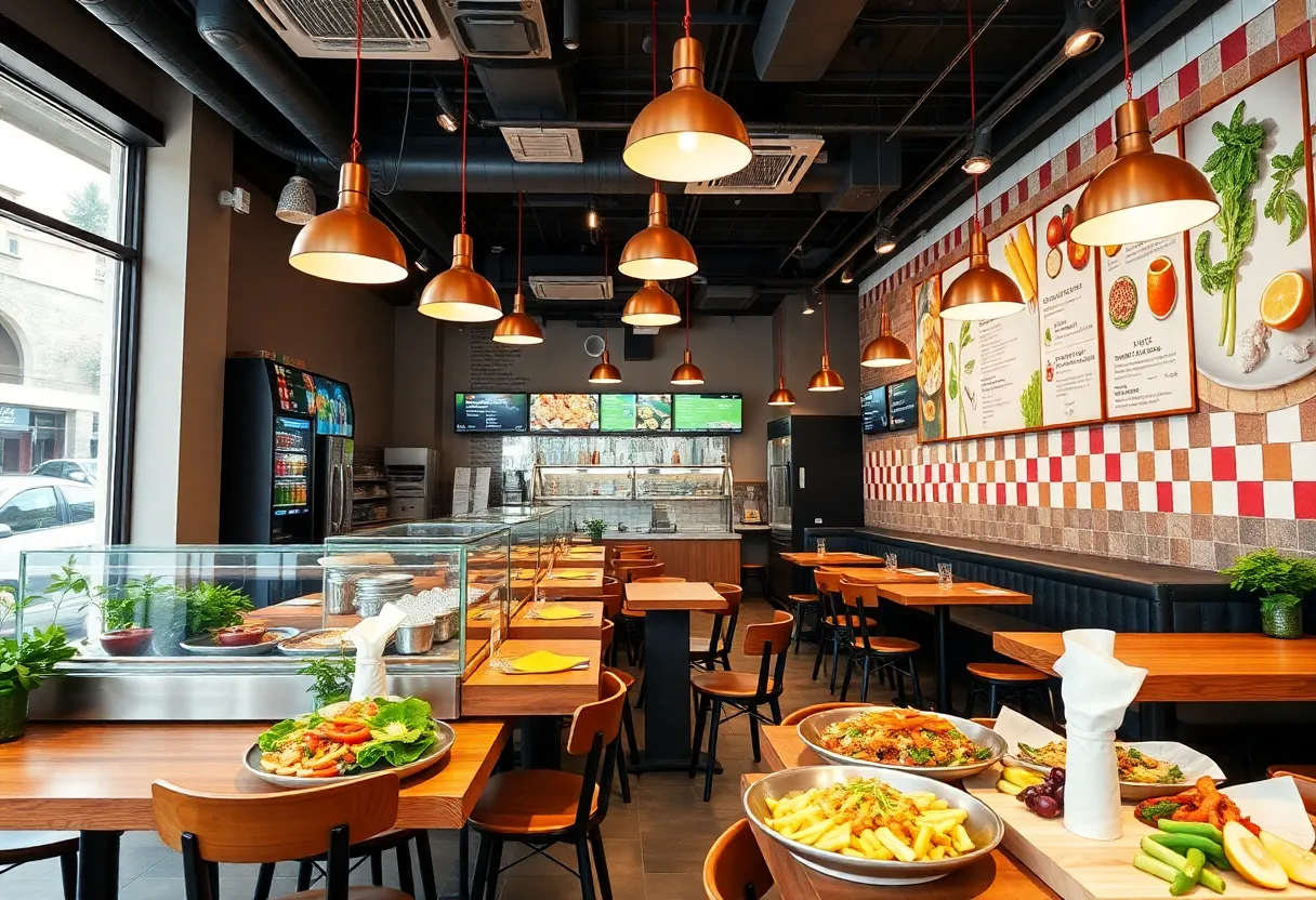 Interior of EVO fast-casual restaurant with diverse menu options