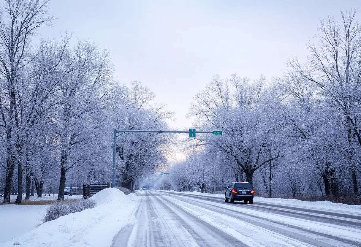 Icy trees and roads during extreme cold in North Texas