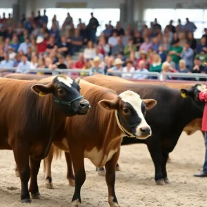 Young 4-H exhibitors presenting their steers at the livestock show