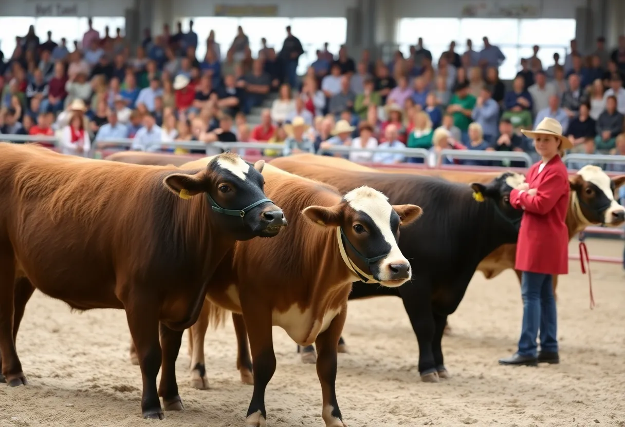 Young 4-H exhibitors presenting their steers at the livestock show