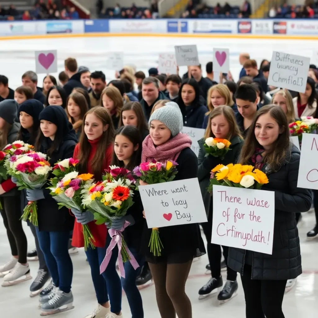 Figure skaters gather in mourning at an ice rink