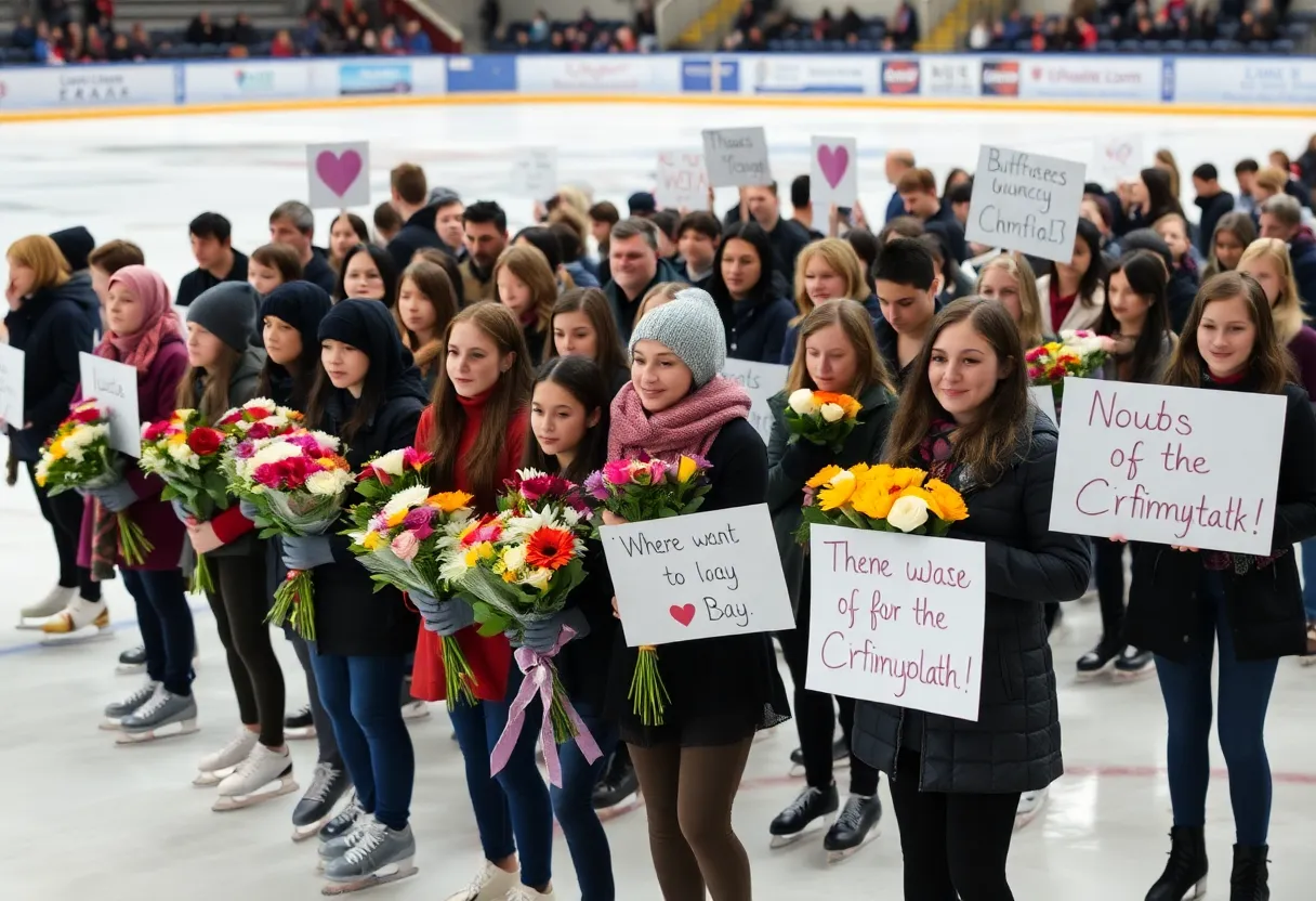 Figure skaters gather in mourning at an ice rink